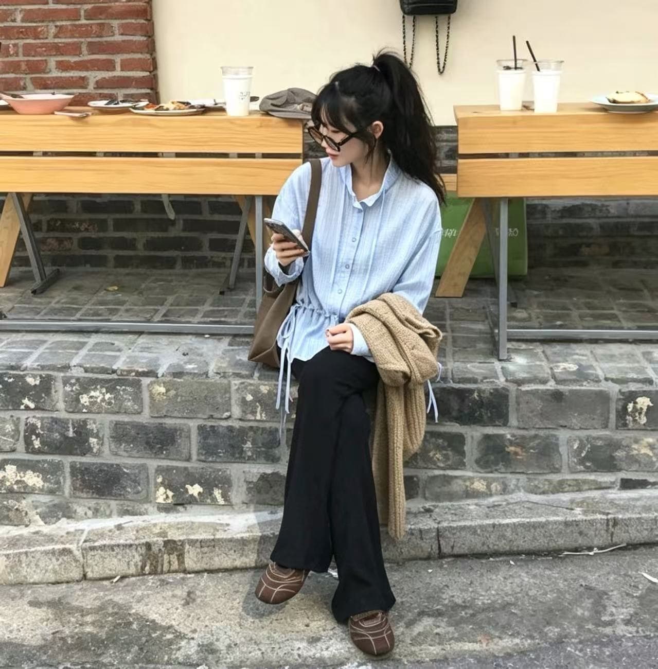 있음 선적 사이즈 업데이트 한국 chic 가을 새로운 품격 슬림해 보이는 허리 수축 레이스업 긴팔 셔츠 상세 이미지 1
