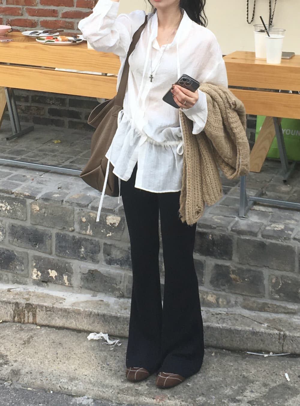 있음 선적 사이즈 업데이트 한국 chic 가을 새로운 품격 슬림해 보이는 허리 수축 레이스업 긴팔 셔츠 상세 이미지 17