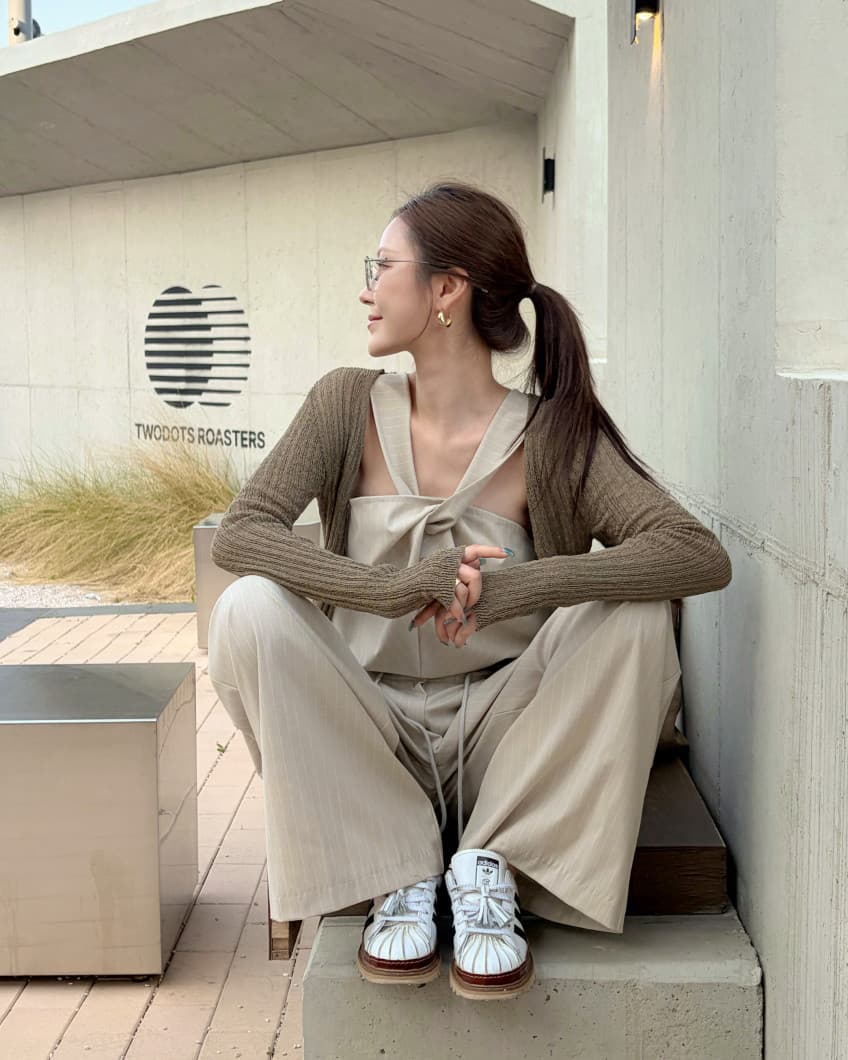 있음 선적 사이즈 업데이트 한국 chic 스트라이프 행침 목 조끼 패치워크 밴딩 와이드 레그 팬츠 투피스 슈트 상세 이미지 7