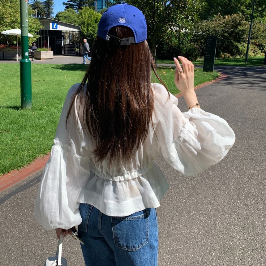 있음 선적 사이즈 업데이트 한국 chic 가을 새로운 프랑스식 V넥 펌프 로프 허리 수축 거품 소매 쉬폰 블라우스 이미지 5