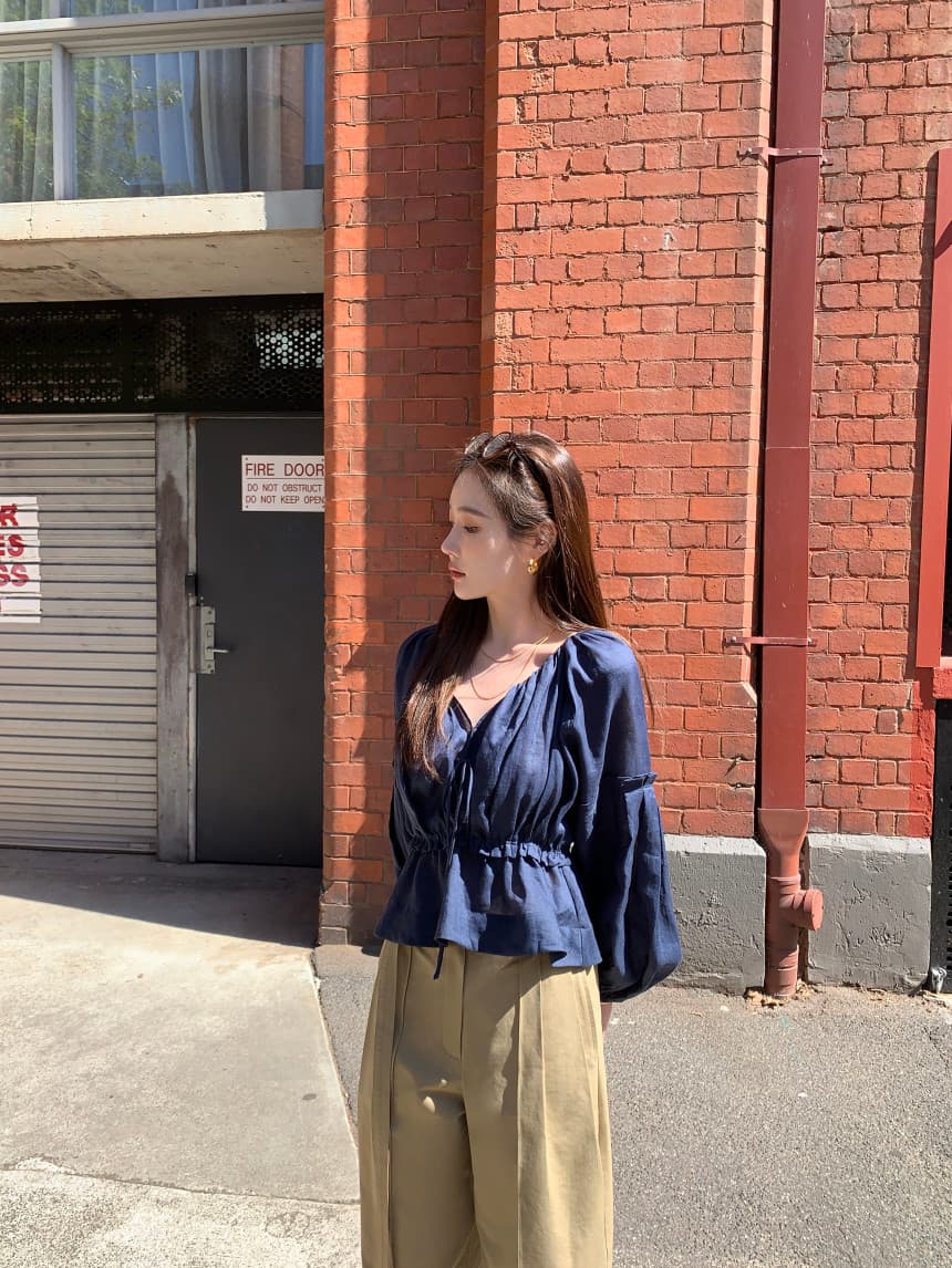 있음 선적 사이즈 업데이트 한국 chic 가을 새로운 프랑스식 V넥 펌프 로프 허리 수축 거품 소매 쉬폰 블라우스 상세 이미지 26