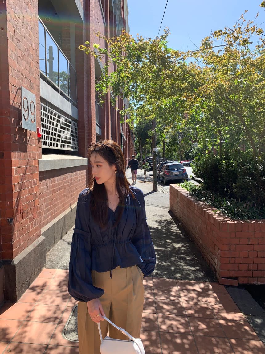 있음 선적 사이즈 업데이트 한국 chic 가을 새로운 프랑스식 V넥 펌프 로프 허리 수축 거품 소매 쉬폰 블라우스 상세 이미지 40