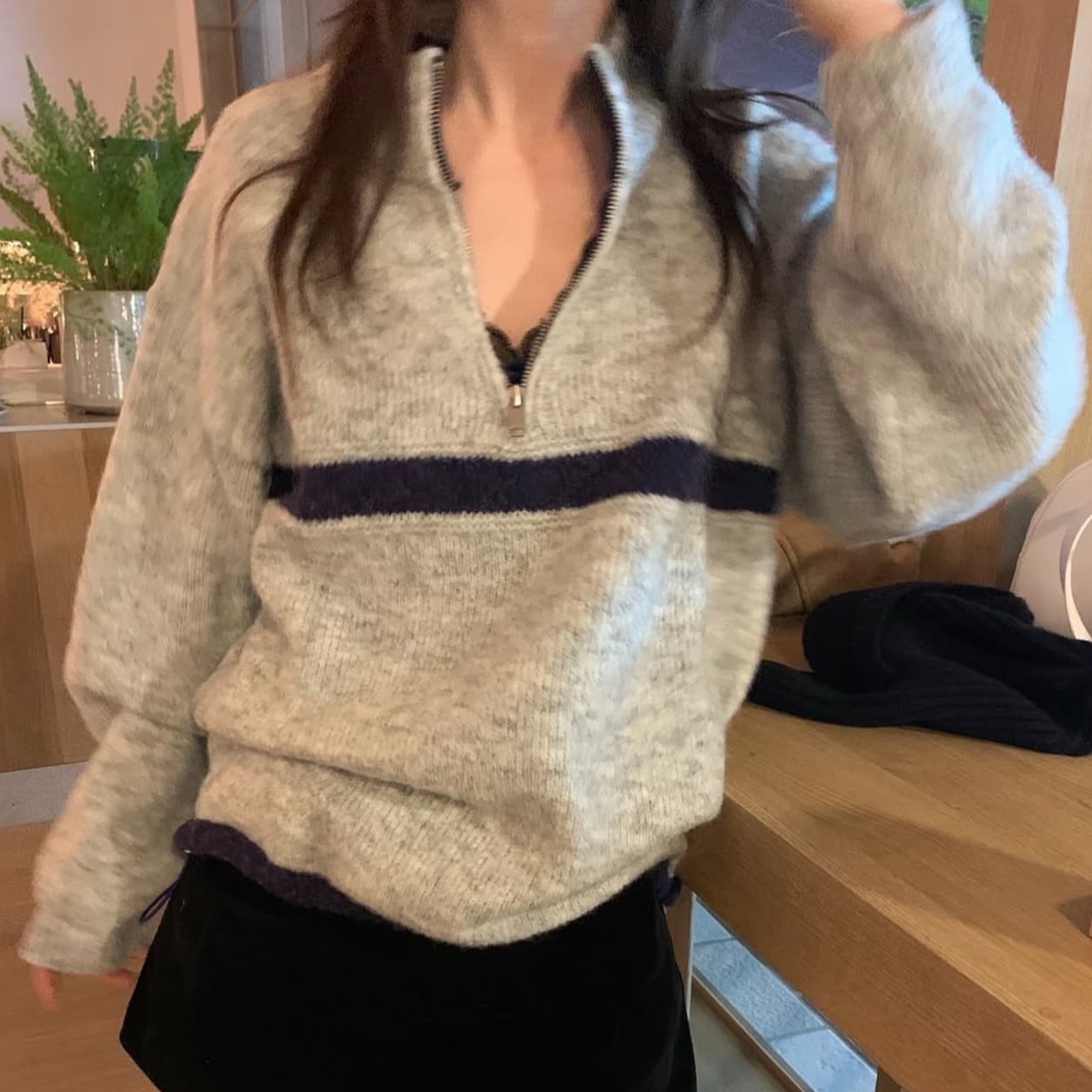 한국 chic 가을 겨울 새로운 ins 스탠드 칼라 지퍼 배색 느슨함 센스 다용도 루즈핏 긴팔 스웨터 이미지 5
