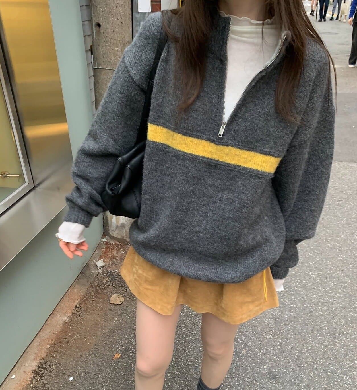 한국 chic 가을 겨울 새로운 ins 스탠드 칼라 지퍼 배색 느슨함 센스 다용도 루즈핏 긴팔 스웨터