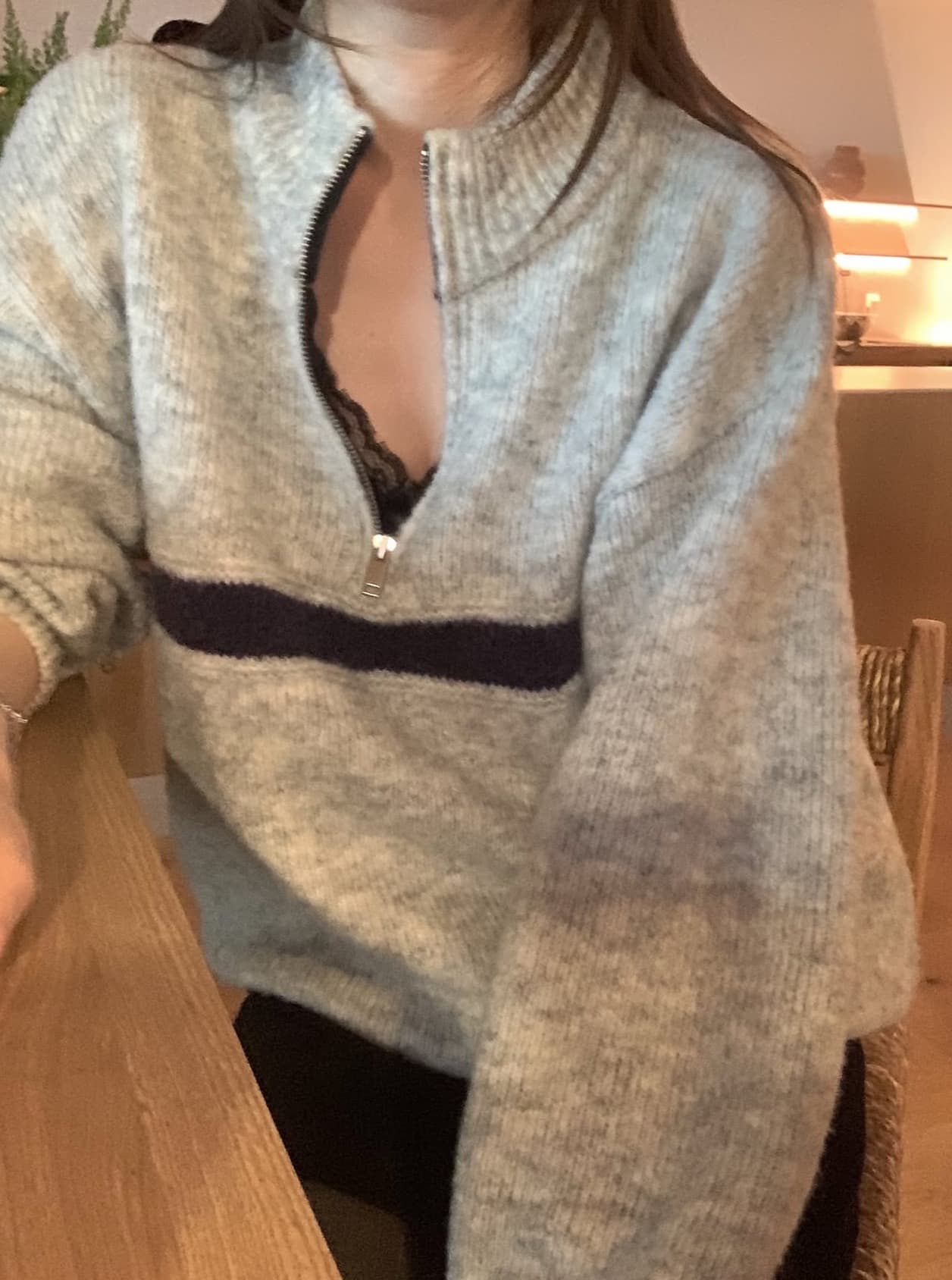 한국 chic 가을 겨울 새로운 ins 스탠드 칼라 지퍼 배색 느슨함 센스 다용도 루즈핏 긴팔 스웨터 상세 이미지 2