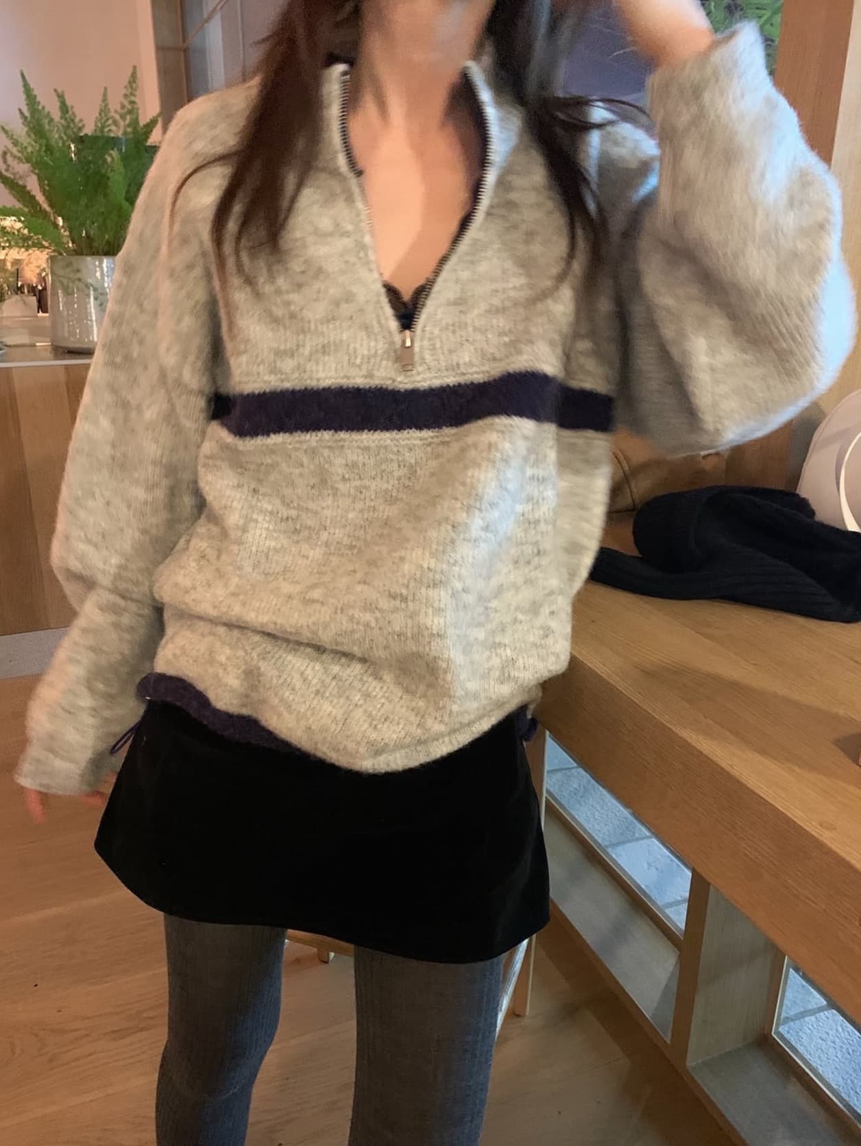 한국 chic 가을 겨울 새로운 ins 스탠드 칼라 지퍼 배색 느슨함 센스 다용도 루즈핏 긴팔 스웨터 상세 이미지 7