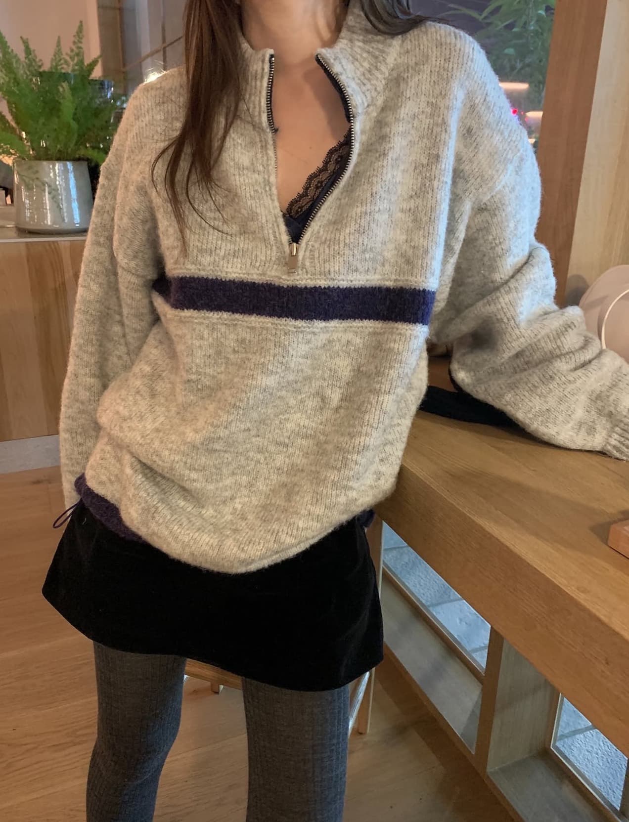 한국 chic 가을 겨울 새로운 ins 스탠드 칼라 지퍼 배색 느슨함 센스 다용도 루즈핏 긴팔 스웨터 상세 이미지 11