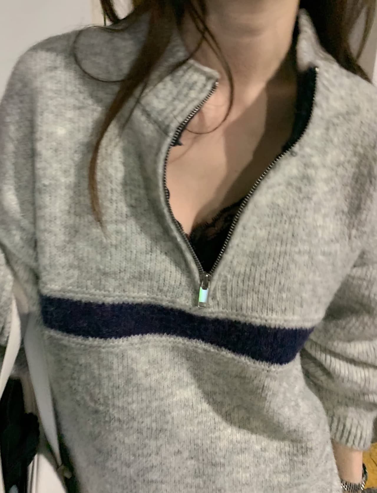 한국 chic 가을 겨울 새로운 ins 스탠드 칼라 지퍼 배색 느슨함 센스 다용도 루즈핏 긴팔 스웨터 상세 이미지 13