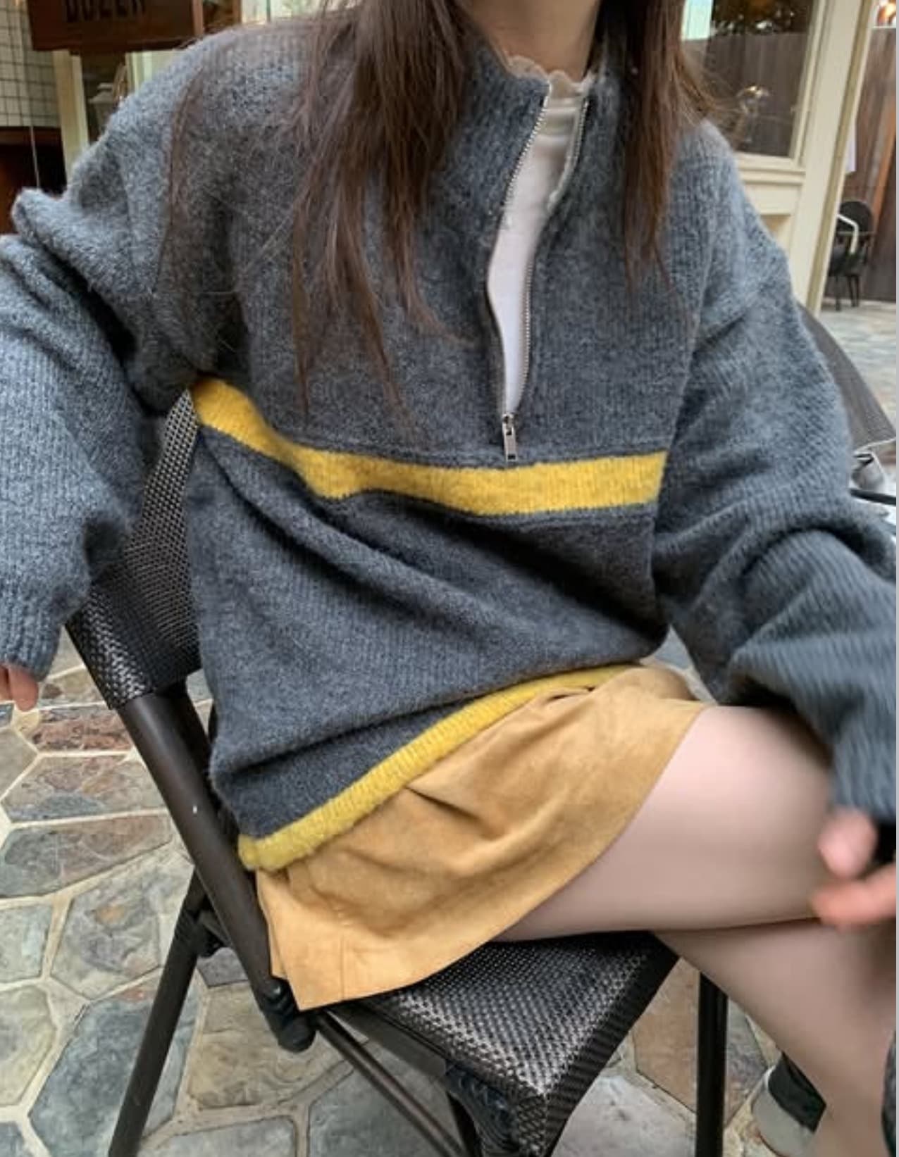 한국 chic 가을 겨울 새로운 ins 스탠드 칼라 지퍼 배색 느슨함 센스 다용도 루즈핏 긴팔 스웨터 상세 이미지 15