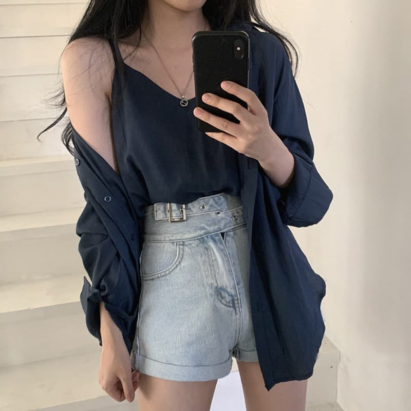 있음 선적 사이즈 업데이트 한국 chic 여성 의류 레트로 미니멀리즘 단색 폴로 칼라 셔츠 캐미솔 투피스 세트 이미지 2