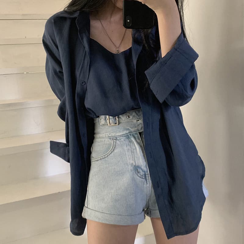 있음 선적 사이즈 업데이트 한국 chic 여성 의류 레트로 미니멀리즘 단색 폴로 칼라 셔츠 캐미솔 투피스 세트 이미지 4