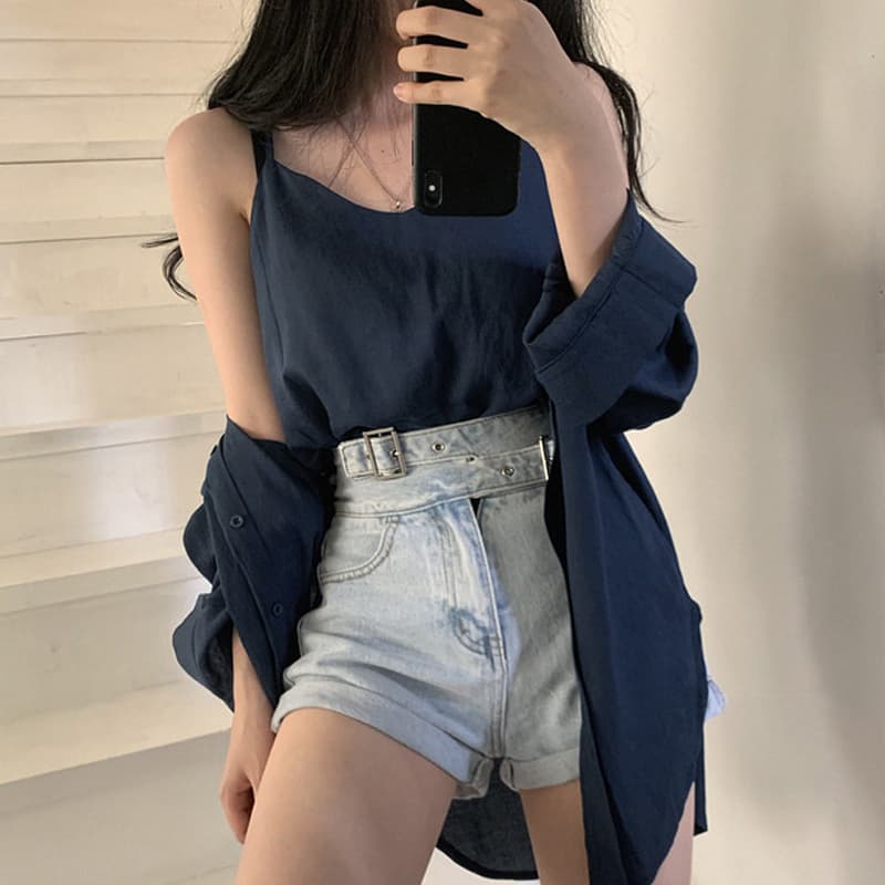 있음 선적 사이즈 업데이트 한국 chic 여성 의류 레트로 미니멀리즘 단색 폴로 칼라 셔츠 캐미솔 투피스 세트 상세 이미지 2