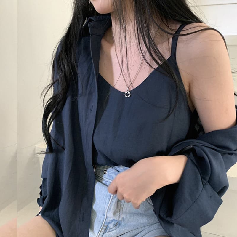 있음 선적 사이즈 업데이트 한국 chic 여성 의류 레트로 미니멀리즘 단색 폴로 칼라 셔츠 캐미솔 투피스 세트 상세 이미지 3