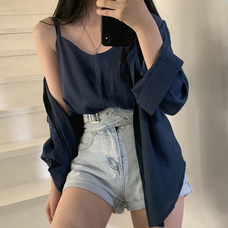있음 선적 사이즈 업데이트 한국 chic 여성 의류 레트로 미니멀리즘 단색 폴로 칼라 셔츠 캐미솔 투피스 세트 상세 이미지 5