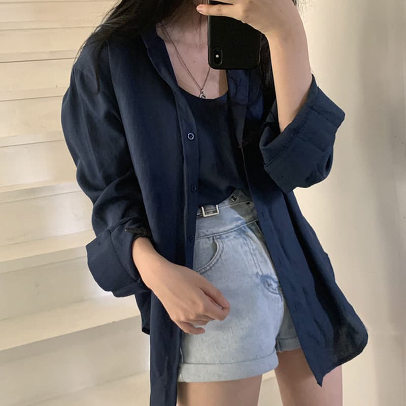 있음 선적 사이즈 업데이트 한국 chic 여성 의류 레트로 미니멀리즘 단색 폴로 칼라 셔츠 캐미솔 투피스 세트 상세 이미지 7