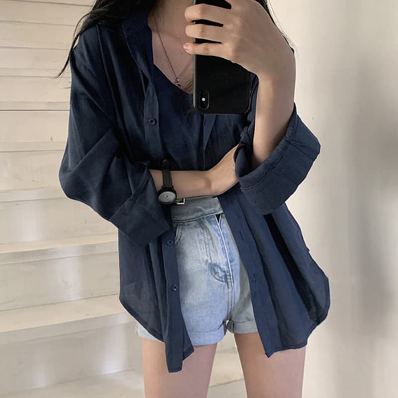 있음 선적 사이즈 업데이트 한국 chic 여성 의류 레트로 미니멀리즘 단색 폴로 칼라 셔츠 캐미솔 투피스 세트 상세 이미지 8
