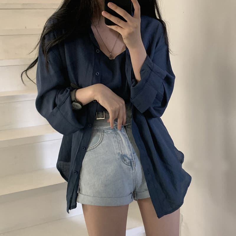 있음 선적 사이즈 업데이트 한국 chic 여성 의류 레트로 미니멀리즘 단색 폴로 칼라 셔츠 캐미솔 투피스 세트 상세 이미지 11
