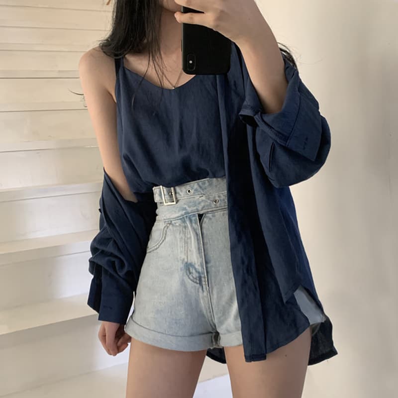있음 선적 사이즈 업데이트 한국 chic 여성 의류 레트로 미니멀리즘 단색 폴로 칼라 셔츠 캐미솔 투피스 세트 상세 이미지 16