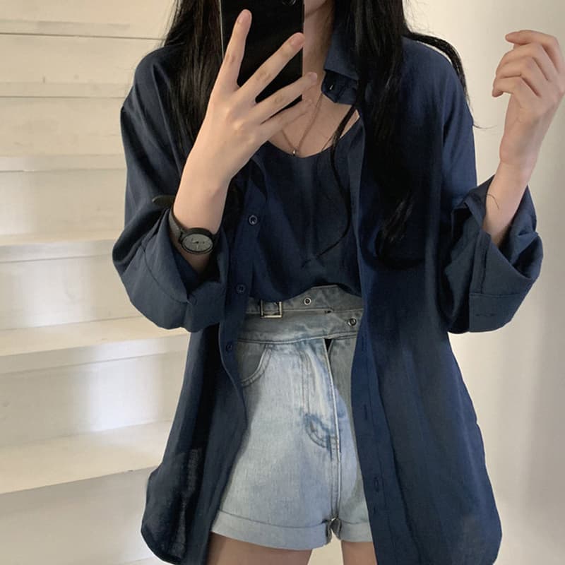 있음 선적 사이즈 업데이트 한국 chic 여성 의류 레트로 미니멀리즘 단색 폴로 칼라 셔츠 캐미솔 투피스 세트 상세 이미지 17