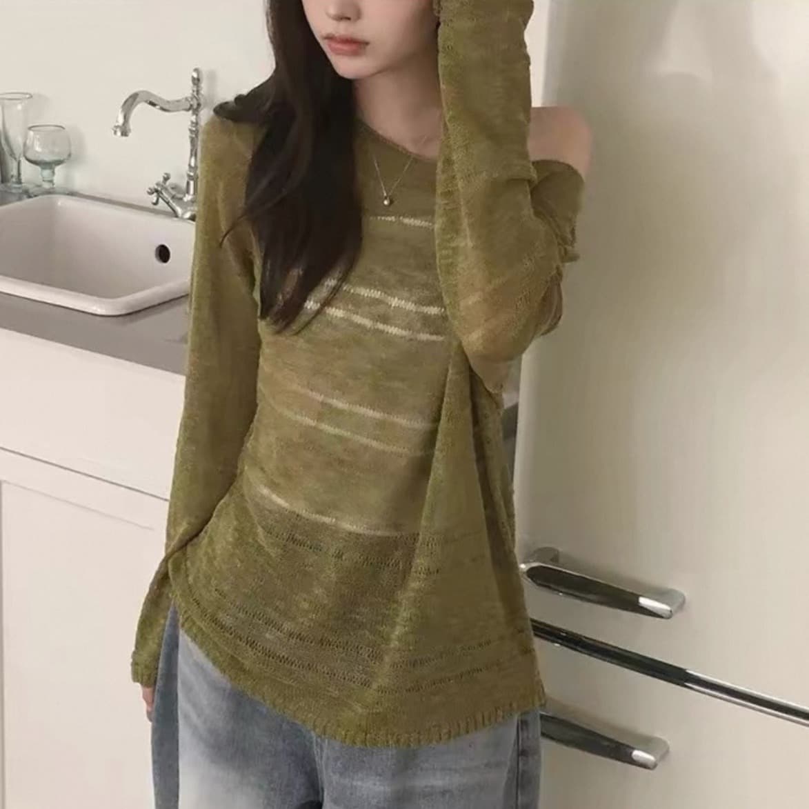 있음 선적 사이즈 업데이트 한국 chic 이른 가을 ins 홀로우 아웃 보트넥 느슨함 센스 긴팔 니트 스웨터 셔츠 이미지 5