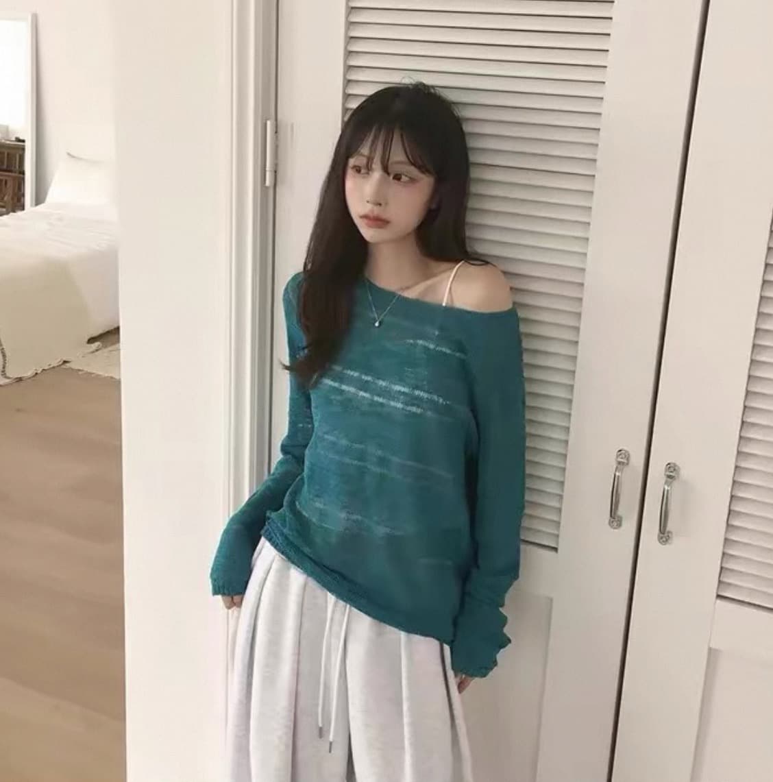 있음 선적 사이즈 업데이트 한국 chic 이른 가을 ins 홀로우 아웃 보트넥 느슨함 센스 긴팔 니트 스웨터 셔츠 상세 이미지 1