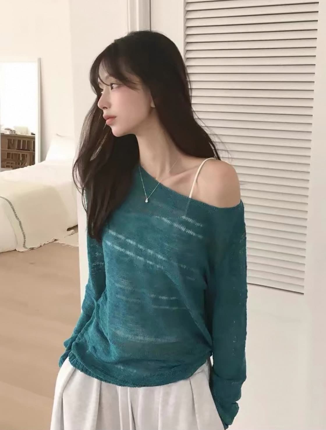 있음 선적 사이즈 업데이트 한국 chic 이른 가을 ins 홀로우 아웃 보트넥 느슨함 센스 긴팔 니트 스웨터 셔츠 상세 이미지 6