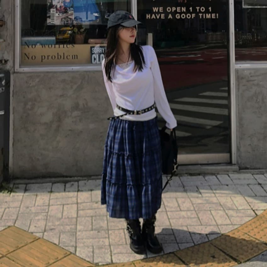 한국 chic 가을 새로운 ins 레트로 체크무늬 밴딩 패치워크 목이버섯 레이스 반신 스커트 롱 스커트 이미지 5