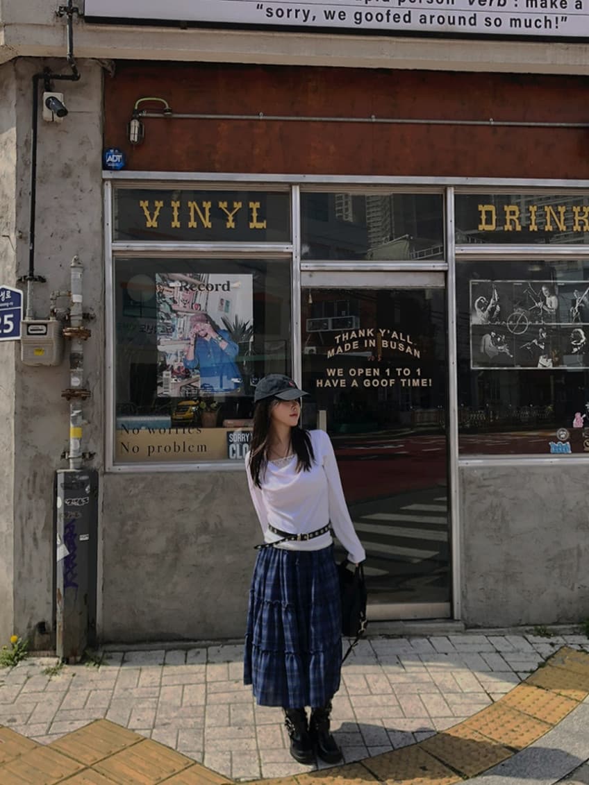 한국 chic 가을 새로운 ins 레트로 체크무늬 밴딩 패치워크 목이버섯 레이스 반신 스커트 롱 스커트 상세 이미지 6