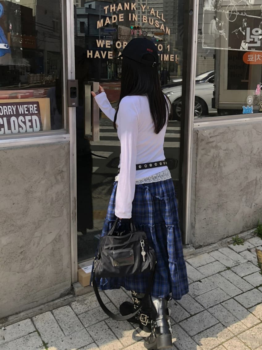 한국 chic 가을 새로운 ins 레트로 체크무늬 밴딩 패치워크 목이버섯 레이스 반신 스커트 롱 스커트 상세 이미지 7