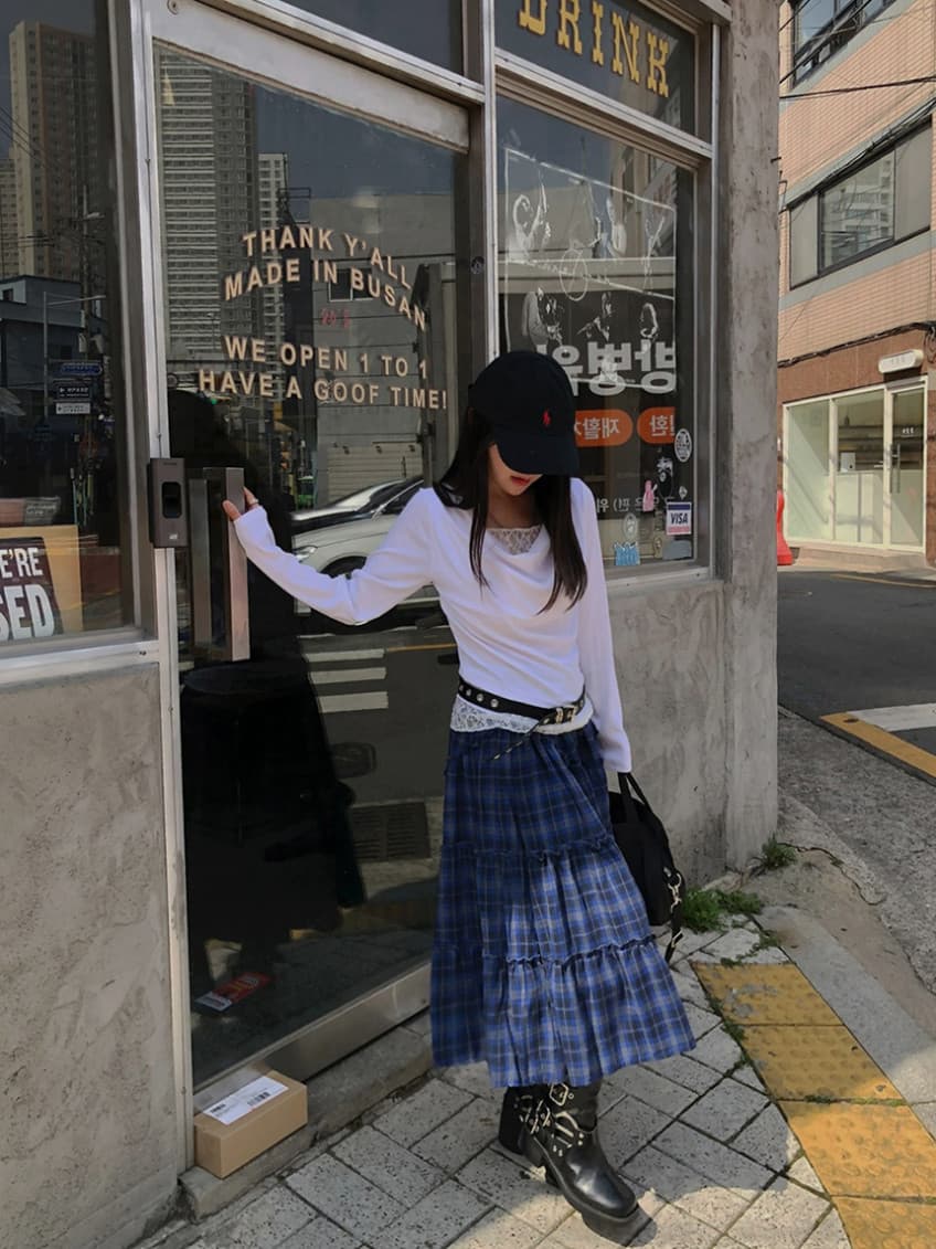 한국 chic 가을 새로운 ins 레트로 체크무늬 밴딩 패치워크 목이버섯 레이스 반신 스커트 롱 스커트 상세 이미지 8