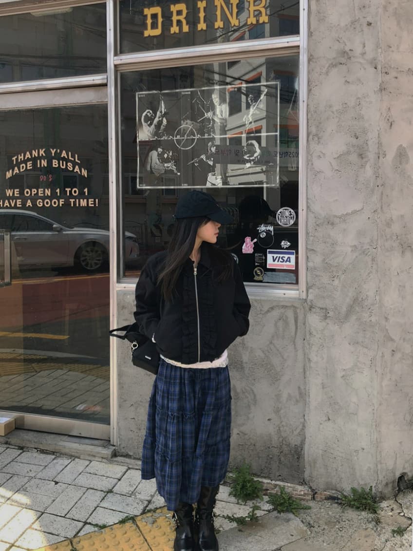 한국 chic 가을 새로운 ins 레트로 체크무늬 밴딩 패치워크 목이버섯 레이스 반신 스커트 롱 스커트 상세 이미지 9