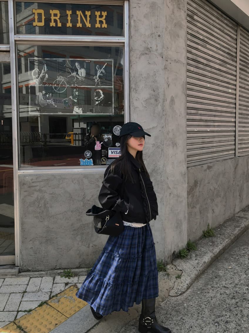 한국 chic 가을 새로운 ins 레트로 체크무늬 밴딩 패치워크 목이버섯 레이스 반신 스커트 롱 스커트 상세 이미지 10