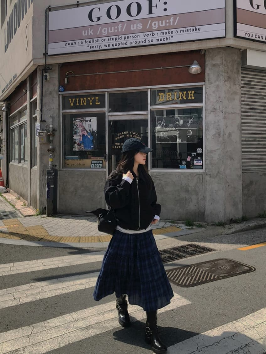 한국 chic 가을 새로운 ins 레트로 체크무늬 밴딩 패치워크 목이버섯 레이스 반신 스커트 롱 스커트 상세 이미지 11
