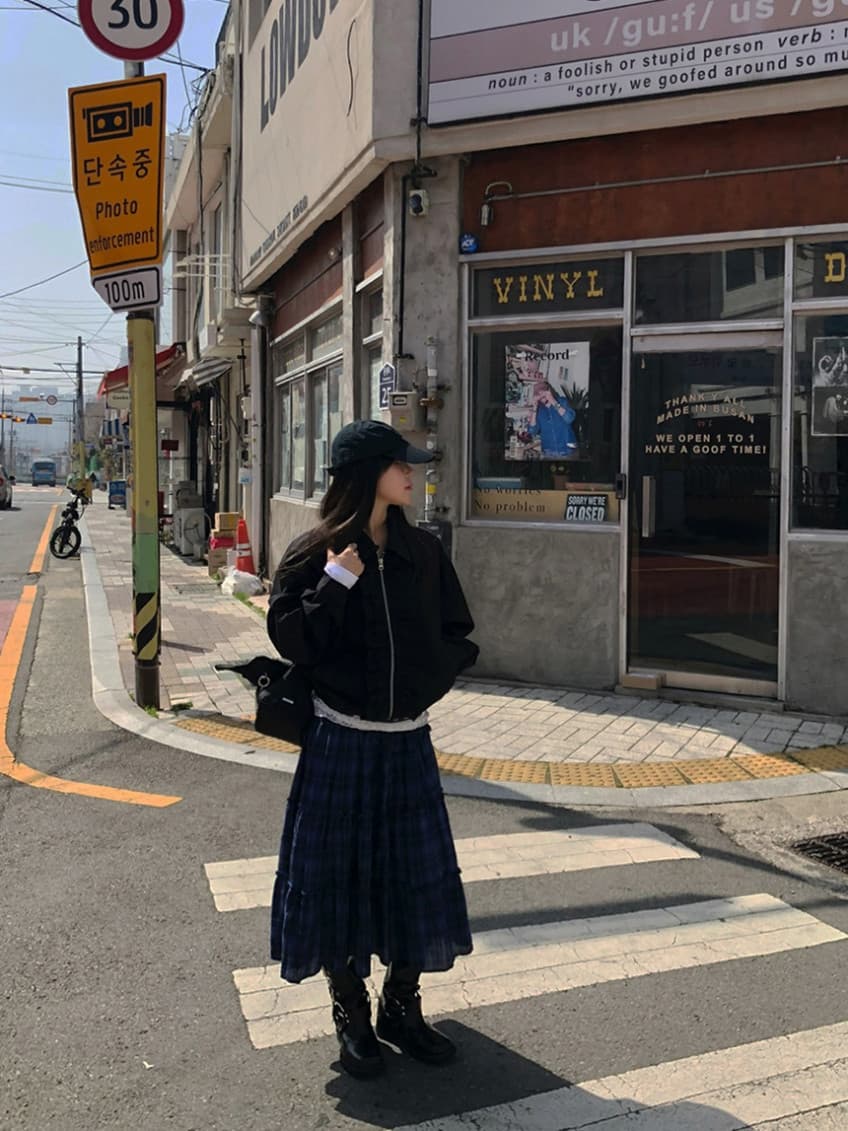 한국 chic 가을 새로운 ins 레트로 체크무늬 밴딩 패치워크 목이버섯 레이스 반신 스커트 롱 스커트 상세 이미지 12