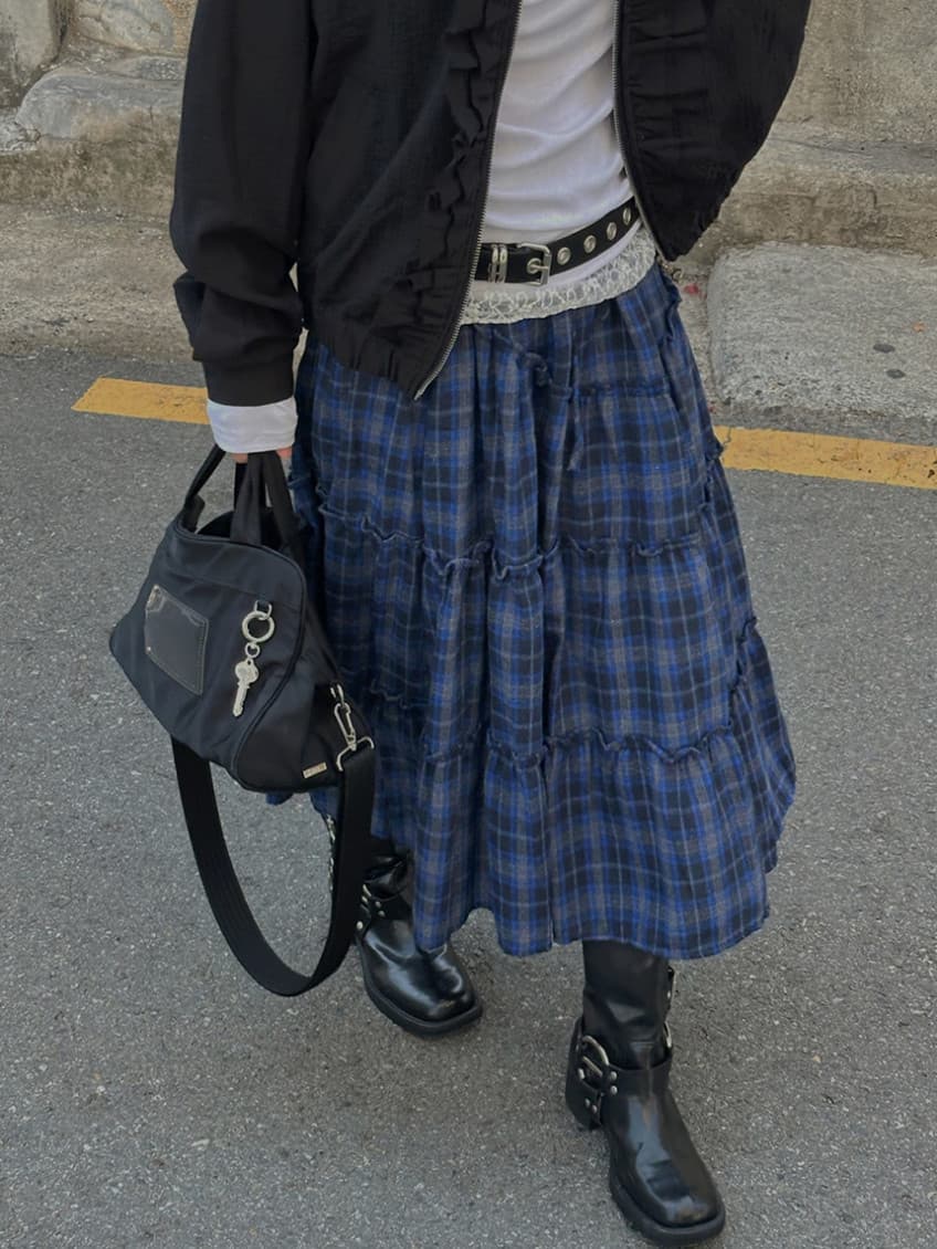 한국 chic 가을 새로운 ins 레트로 체크무늬 밴딩 패치워크 목이버섯 레이스 반신 스커트 롱 스커트 상세 이미지 30