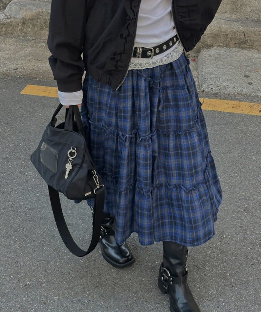 한국 chic 가을 새로운 ins 레트로 체크무늬 밴딩 패치워크 목이버섯 레이스 반신 스커트 롱 스커트 상세 이미지 31