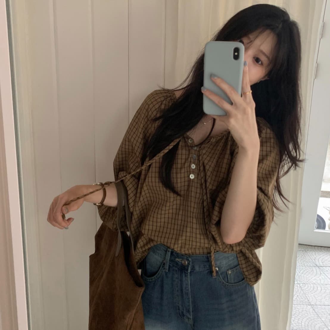 있음 선적 사이즈 업데이트 한국 chic 가을 새로운 프랑스식 달콤함 레트로 체크무늬 리본 긴 소매 셔츠 이미지 3