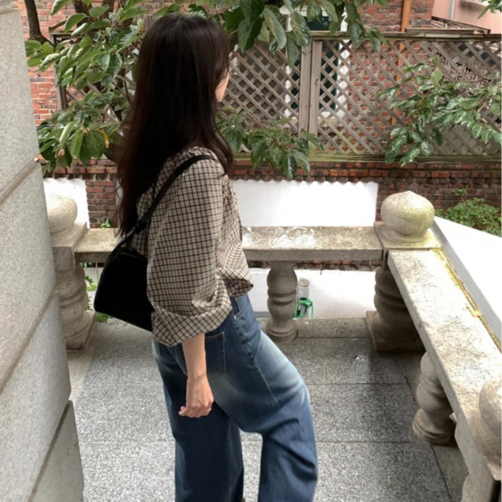 있음 선적 사이즈 업데이트 한국 chic 가을 새로운 프랑스식 달콤함 레트로 체크무늬 리본 긴 소매 셔츠 이미지 5