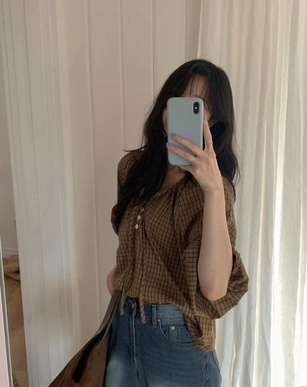 있음 선적 사이즈 업데이트 한국 chic 가을 새로운 프랑스식 달콤함 레트로 체크무늬 리본 긴 소매 셔츠 상세 이미지 3