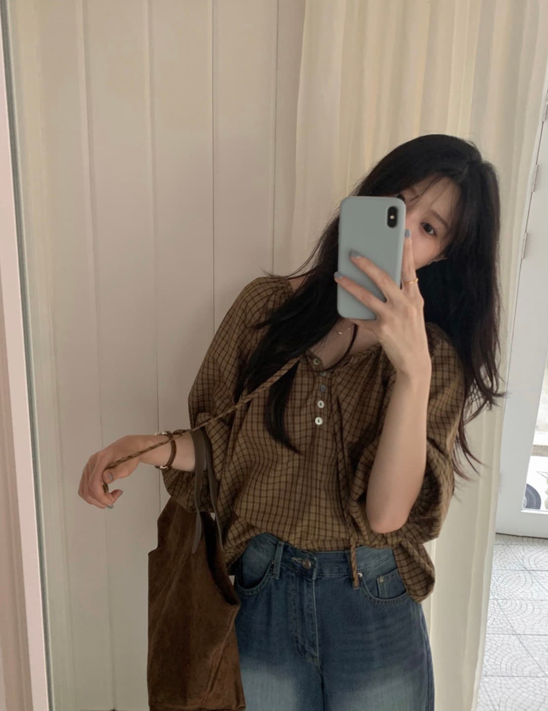 있음 선적 사이즈 업데이트 한국 chic 가을 새로운 프랑스식 달콤함 레트로 체크무늬 리본 긴 소매 셔츠 상세 이미지 4