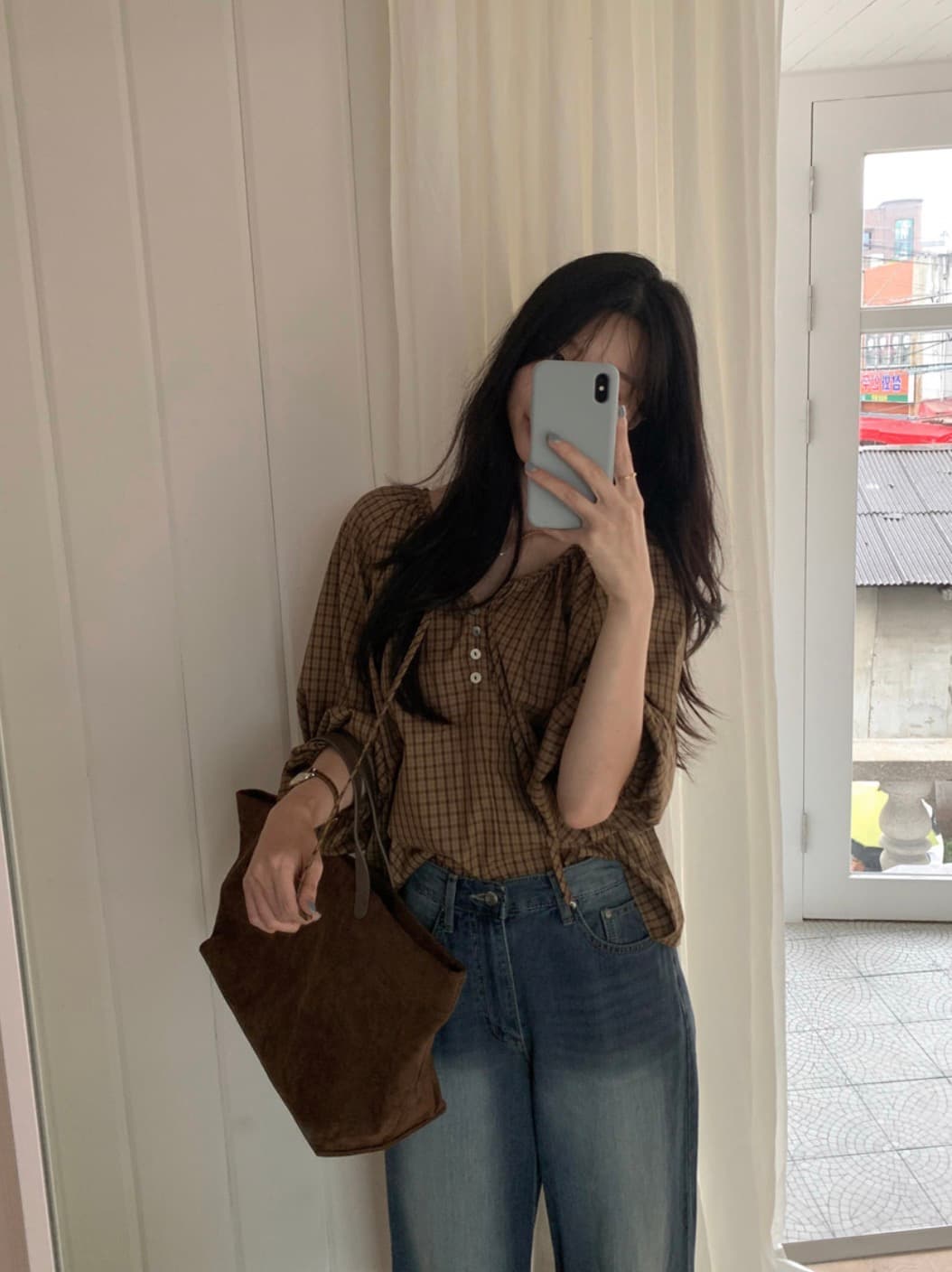 있음 선적 사이즈 업데이트 한국 chic 가을 새로운 프랑스식 달콤함 레트로 체크무늬 리본 긴 소매 셔츠 상세 이미지 7