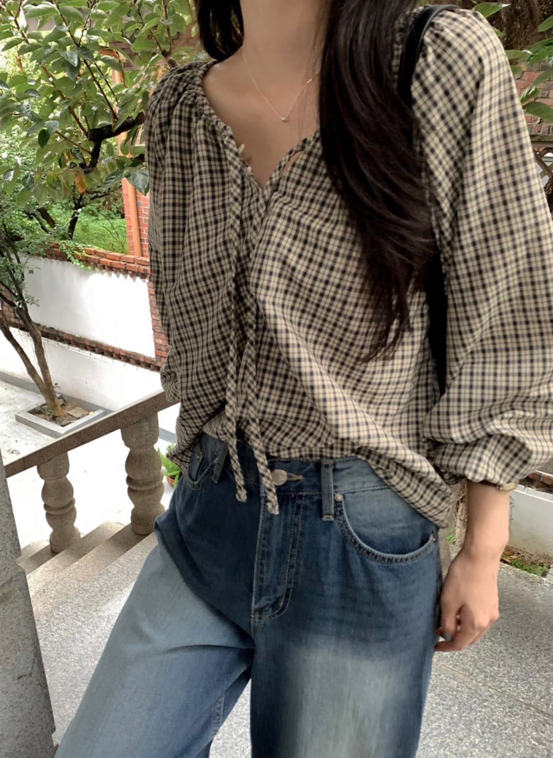 있음 선적 사이즈 업데이트 한국 chic 가을 새로운 프랑스식 달콤함 레트로 체크무늬 리본 긴 소매 셔츠 상세 이미지 8