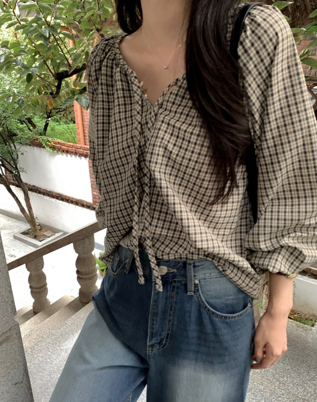 있음 선적 사이즈 업데이트 한국 chic 가을 새로운 프랑스식 달콤함 레트로 체크무늬 리본 긴 소매 셔츠 상세 이미지 11