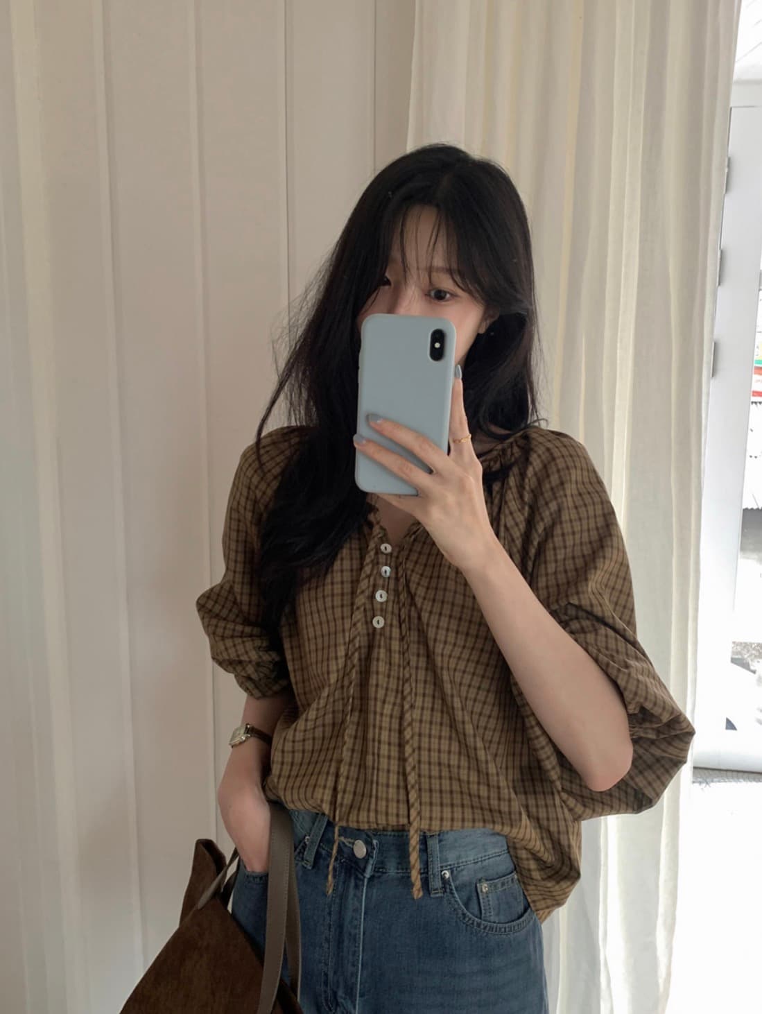 있음 선적 사이즈 업데이트 한국 chic 가을 새로운 프랑스식 달콤함 레트로 체크무늬 리본 긴 소매 셔츠 상세 이미지 14