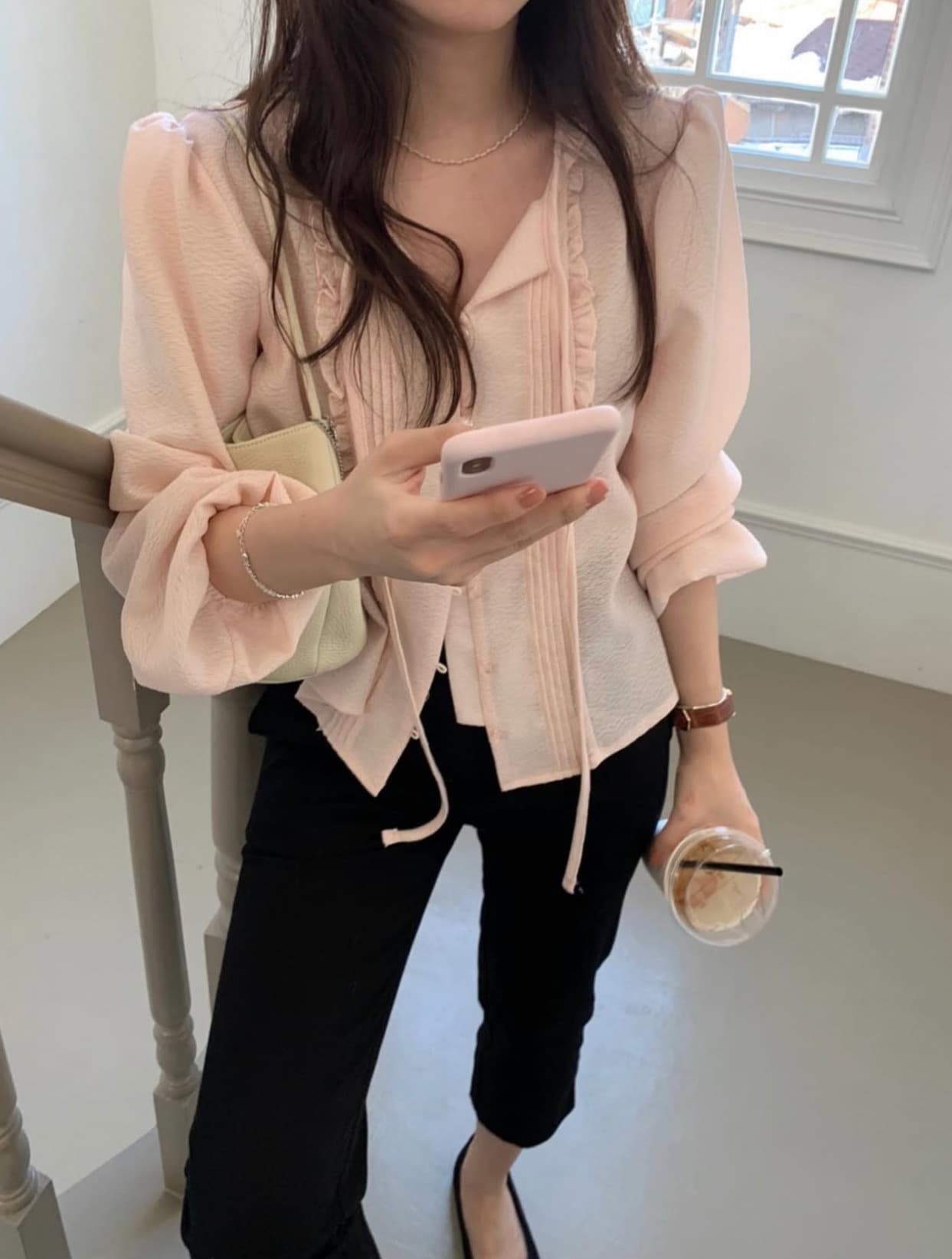 있음 선적 사이즈 업데이트 한국 chic 가을 새로운 리본 부드러운 바람 품격 스택 착용 미니멀리즘 셔츠 상세 이미지 12