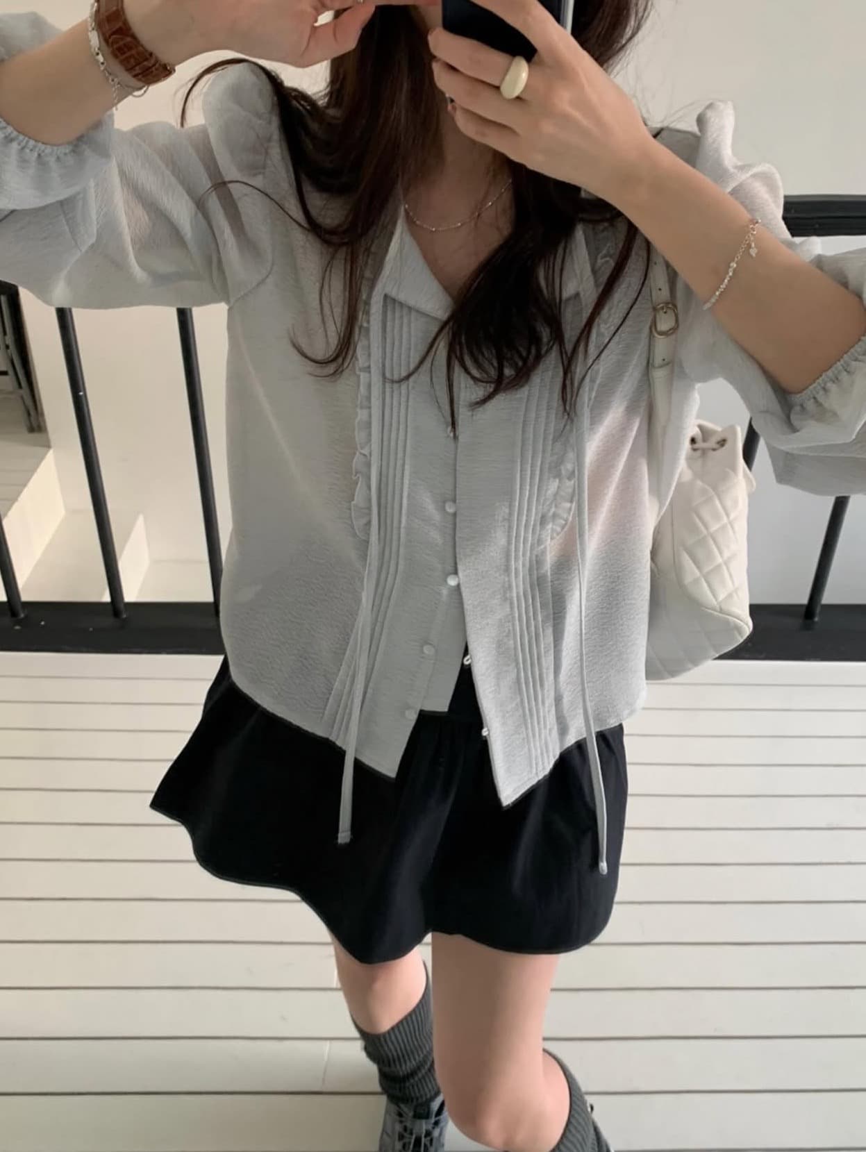 있음 선적 사이즈 업데이트 한국 chic 가을 새로운 리본 부드러운 바람 품격 스택 착용 미니멀리즘 셔츠 상세 이미지 16