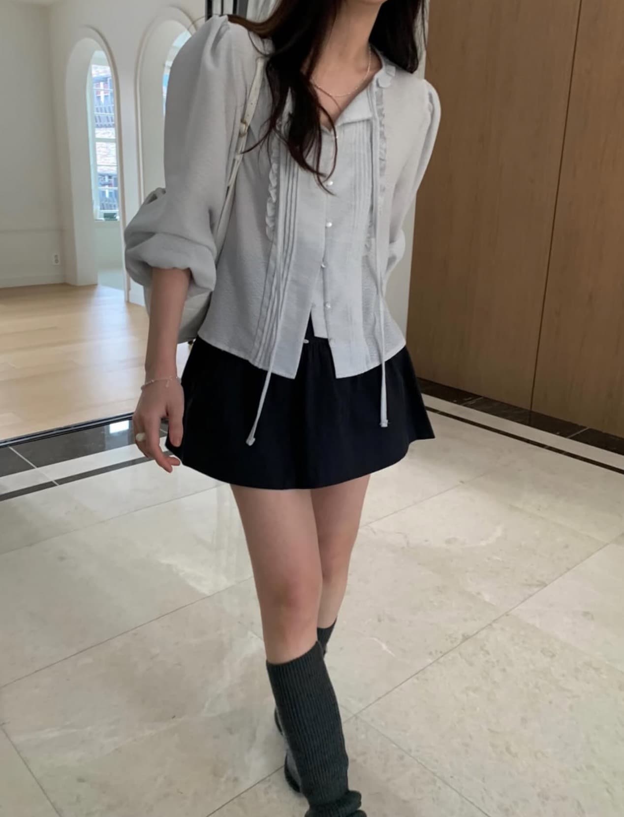 있음 선적 사이즈 업데이트 한국 chic 가을 새로운 리본 부드러운 바람 품격 스택 착용 미니멀리즘 셔츠 상세 이미지 17