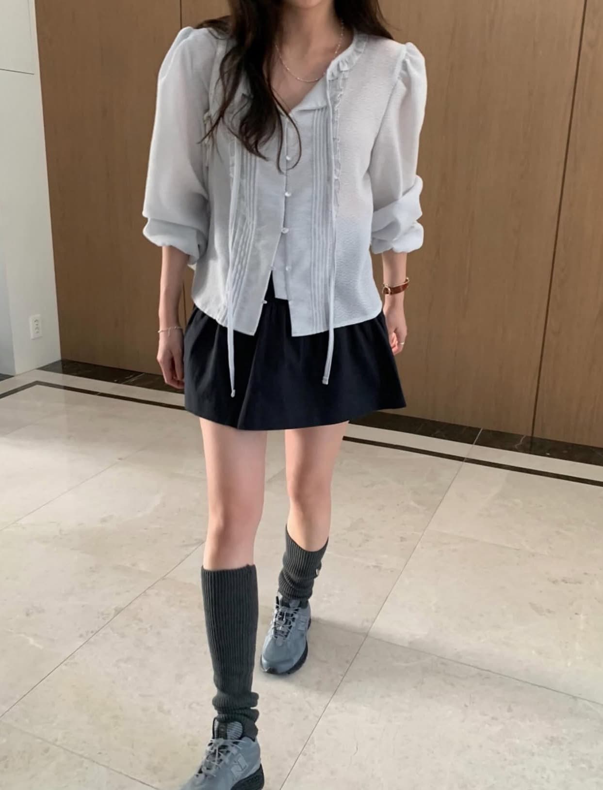 있음 선적 사이즈 업데이트 한국 chic 가을 새로운 리본 부드러운 바람 품격 스택 착용 미니멀리즘 셔츠 상세 이미지 18