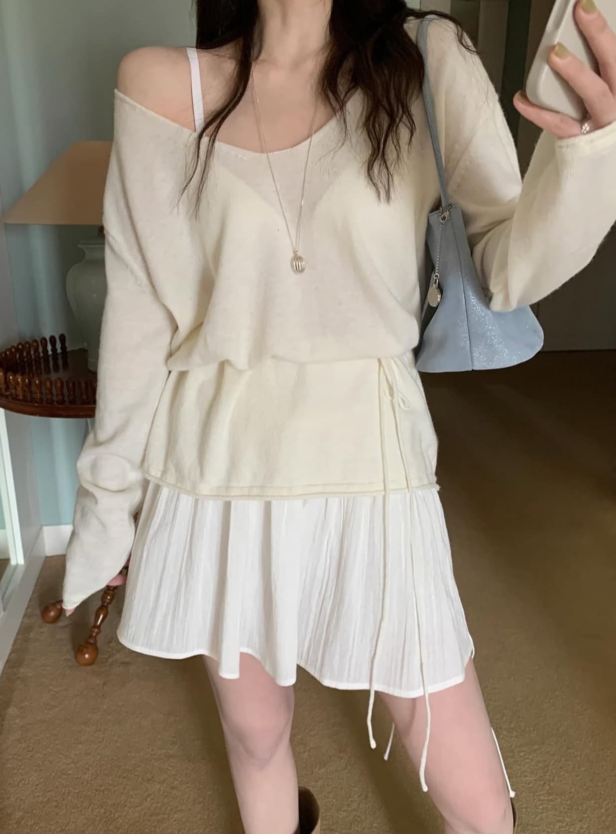 있음 선적 사이즈 업데이트 한국 chic 가을 새로운 V넥 오프숄더 느슨함 센스 부서 허리 슬림해 보이는 니트 스웨터 이미지 4