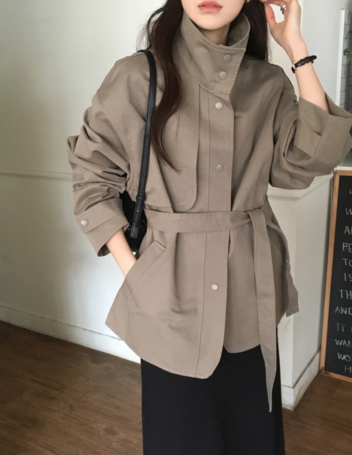한국 chic 가을 새로운 ins 스탠드 칼라 품격 레이스업 루즈핏 재킷 재킷 상세 이미지 4